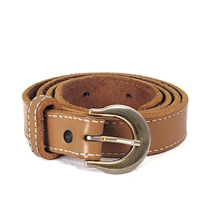 80/90s Vintage Genuine Leather Belt Gold Buckle Skinny Belt Light Brown Tan women's XS/SM