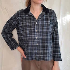 90s Vintage Grunge Blue Plaid Cotton RED ROVER Shirt Navy Corduroy Collar medium