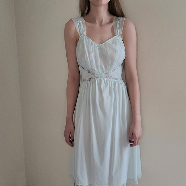 Vintage Lingerie Mermaid Summer Sheer Pale Blue Slip with Lace Detail small