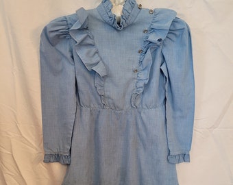 Child's Vintage Blue Long-sleeved Ruffled A-Line Dress small