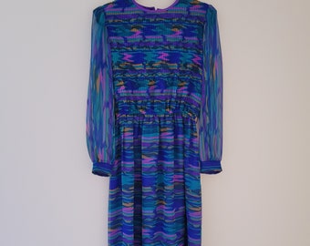 80s Colorful Blue Abstract Print Long Sleeve Vtg Knee-Length Dress women's medium