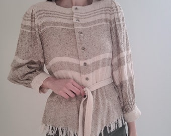 Vintage Ramie / Baumwolle-esque Boho gewebte Langarm-Strickjacke / Top mit Knöpfen und Gürtel