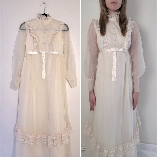 70s Empire Waist Long Sleeve White Edwardian Lana Del Rey Summer Bride Prairie Wed Maxi Dress XS/SMALL