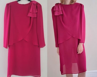 Fuchsia Hot Pink 80s Vintage Longsleeve Sheer Knee-Length Dress with Bow medium