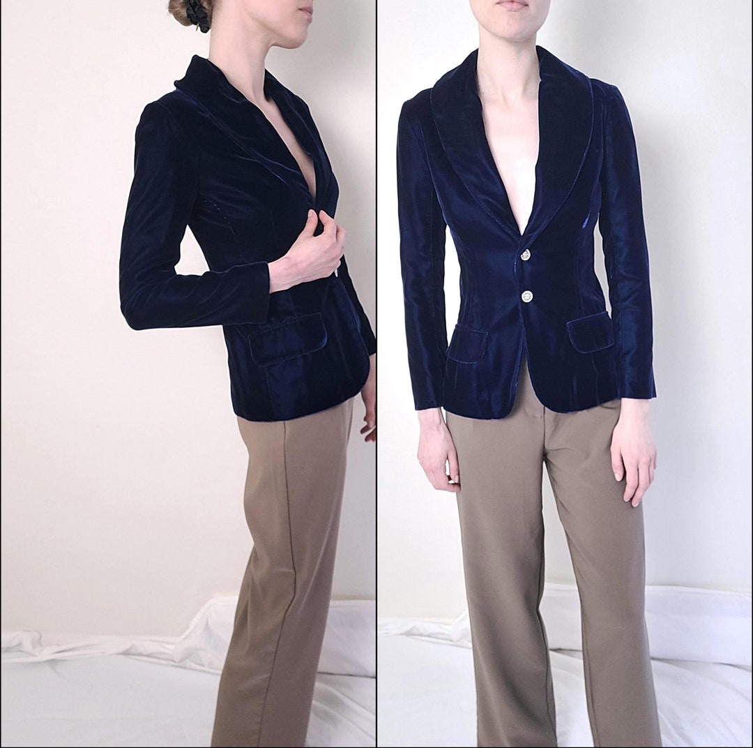 Blue Gold Velvet Lapel Blazer