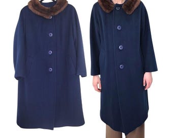 60s rare vintage Abbmoor Blue Wool Button Up Winter Coat with Mink Collar