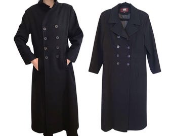 80/90s Black Wool Double-Breasted Vintage Coat Full-Length Androgynous Military Style women&#39;s size 8 medium/large