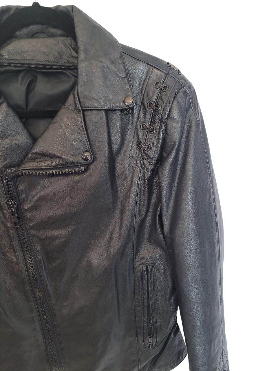 Veste Motard En Cuir Véritable Noir - Taille 10, Neuve Sans étiquettes, Style Vintage