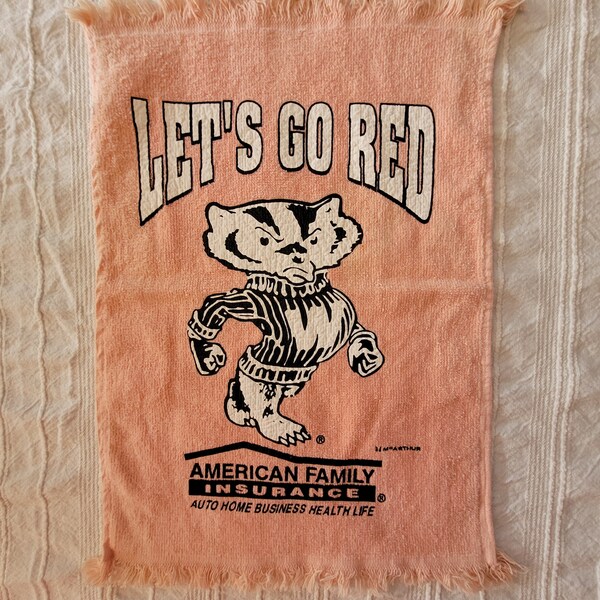 Vintage Wisconsin Bucky Badger American Family Insurance Cotton Tea Towel Salmon