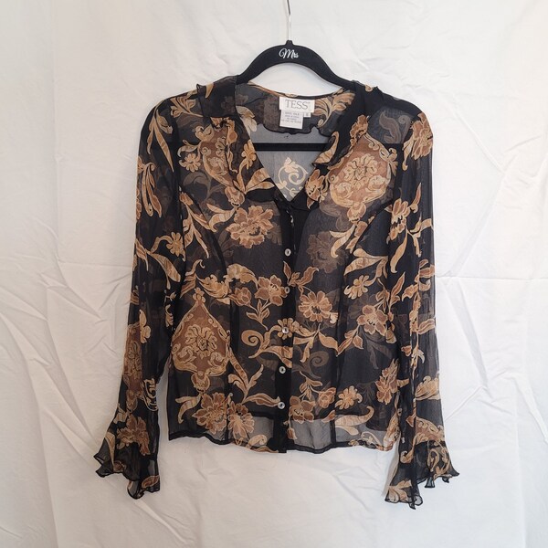 80/90s Delicate Vintage Sheer Silk Floral Long-sleeved Button-Up Top small