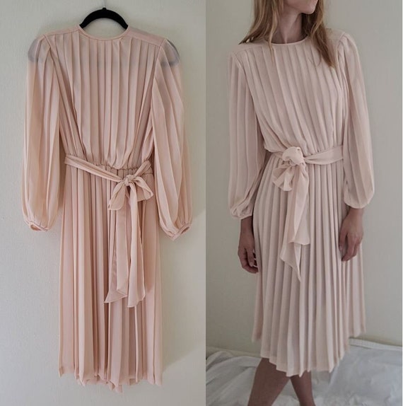 80s Light Pink Pleated Chiffon Long Sleeve Party D