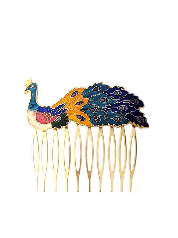 Vintage Cloisonné Peacock Hair Comb Vintage Cloisonne Hair Comb, Peacock Comb, Decorative Gold  main image 2
