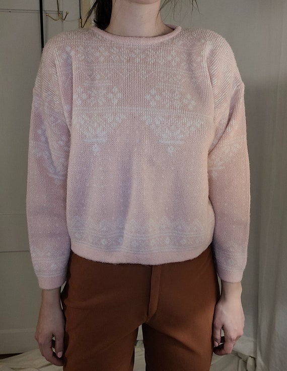 80s Pink Fair Isle Print Crewneck Knit Sweater wom