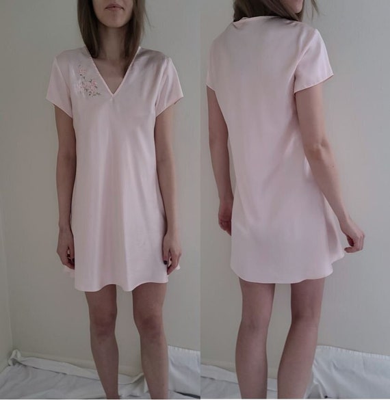 Vintage Short Sleeve V-Neck Pink Satin Slip Nightg