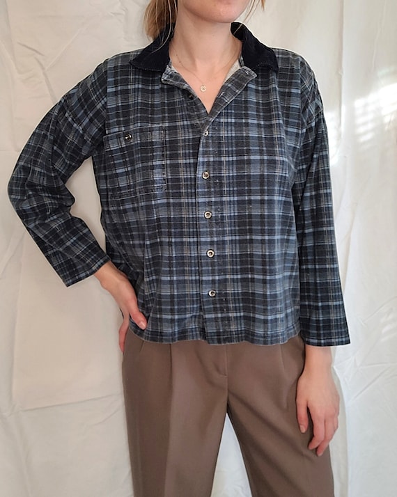 90s Vintage Grunge Blue Plaid Cotton RED ROVER Sh… - image 1