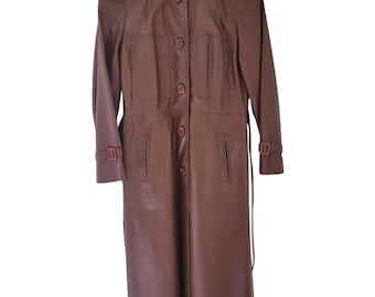 70s Mod AMBE Belted Genuine Leather Trench Coat with Hood & Pockets Brown womens XS/small