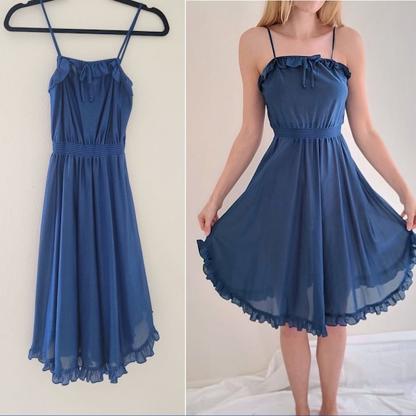 70/80s Metallic Blue Midi-Length Party Dress XS/SMALL