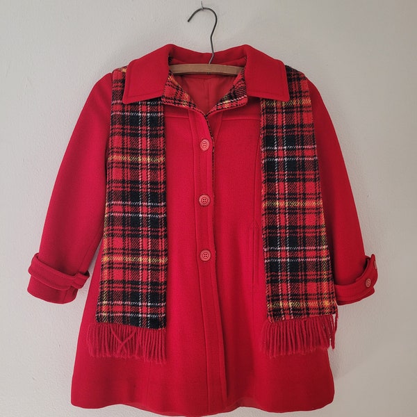 1980er Jahre Rothschild Girls Red Hooded Button Pea Coat Plaid Detail w / Schal Größe 6X