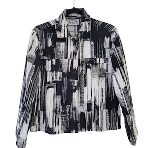80s Abstract Black & White Print KEREN HART Button-Up Cotton Canvas Shirt/Jacket women's small