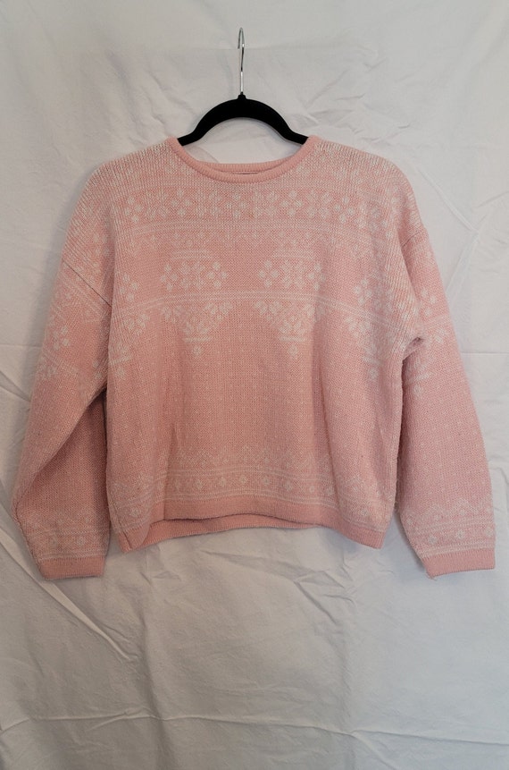 80s Pink Fair Isle Print Crewneck Knit Sweater wo… - image 4