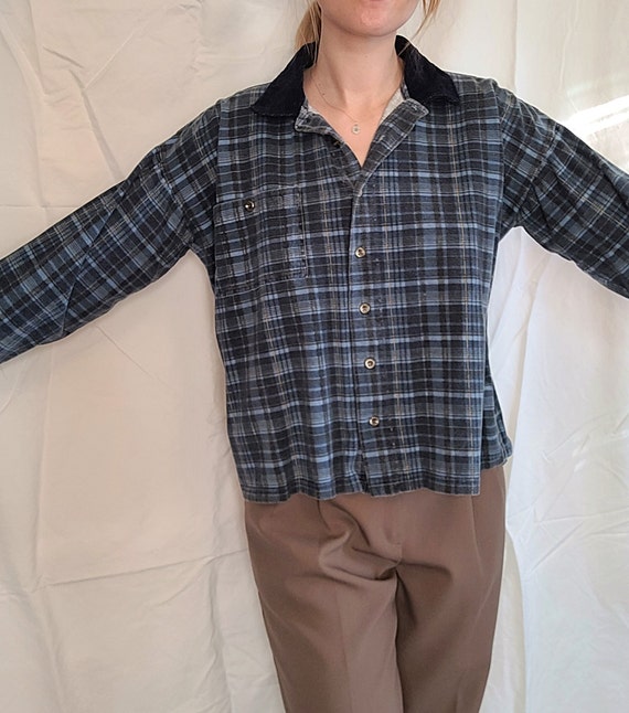 90s Vintage Grunge Blue Plaid Cotton RED ROVER Sh… - image 2