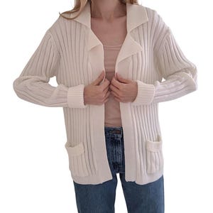 60/70s White Rib Knit GIMBELS Sherwood Women&#39;s Collared Cardigan Pockets medium/large