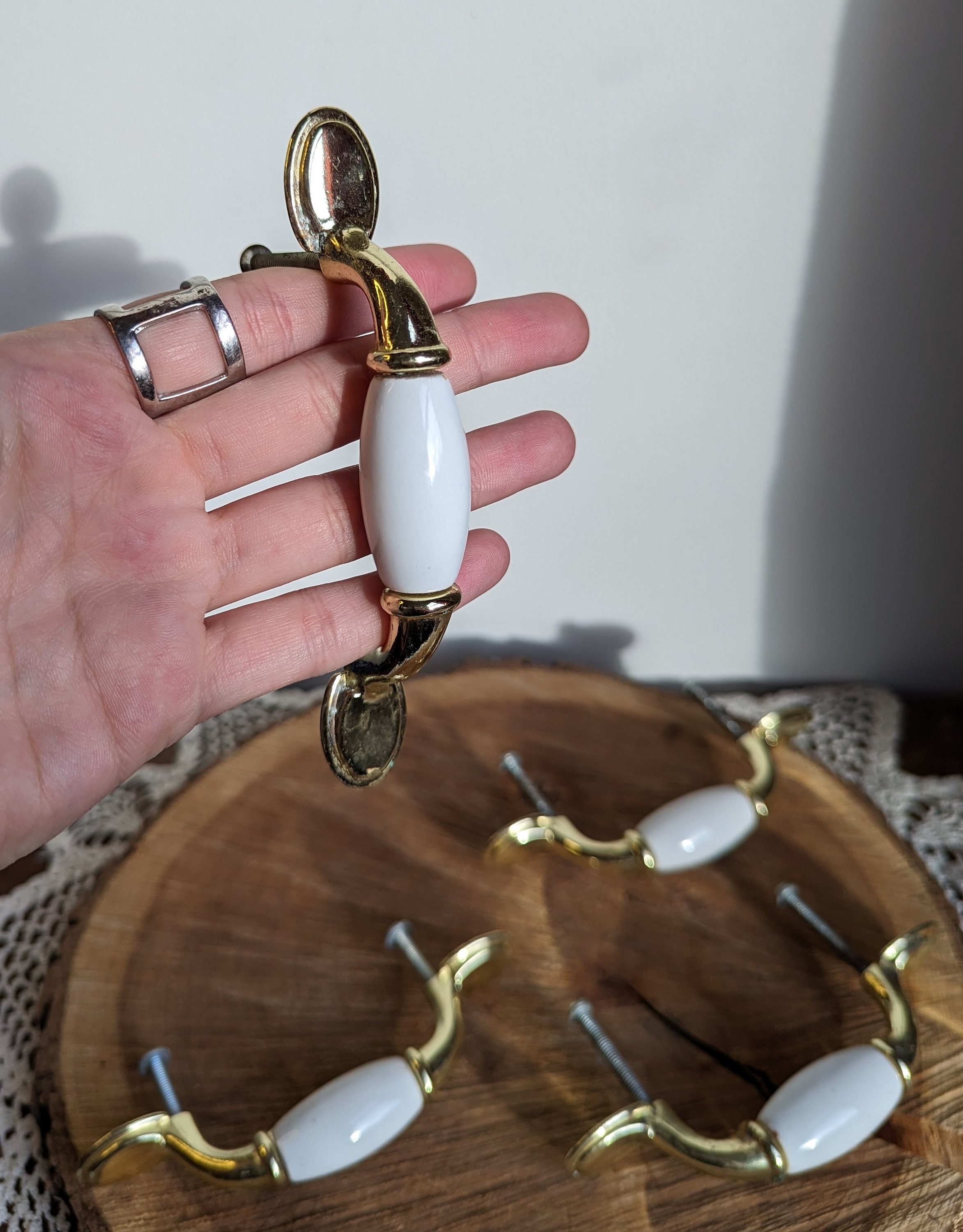 Vintage 1970s Porcelain and Brass Cabinet Pulls / Door Handles With ...
