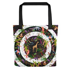 May include: A black tote bag with a white and black circle pattern. The circle pattern features a variety of animals and plants, including a giraffe, a toucan, a monkey, and a lizard. The bag has black straps.