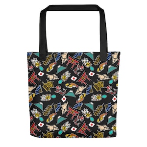 May include: A black tote bag with a repeating pattern of Japanese cultural icons. The icons include a red torii gate, a mountain, a sumo wrestler, a fan, a koi fish, and sushi.