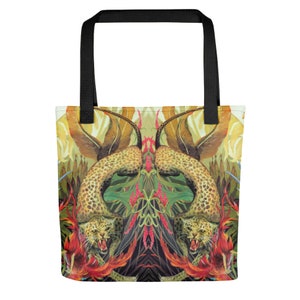 May include: A tote bag with a colorful design featuring two leopards with their heads facing each other. The leopards are surrounded by tropical plants and flowers in shades of green, red, and yellow.
