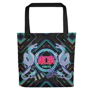 May include: A black tote bag with neon green, blue, and pink geometric patterns. The bag features a white dragon on each side, a neon circle with the text "東京" (Tokyo) in red and the word "TOKYO" in white.
