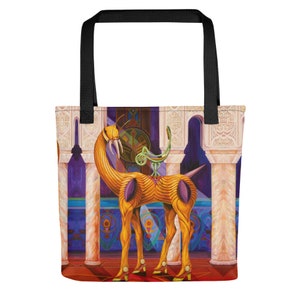 May include: A tote bag with a colorful illustration of a fantastical creature with a long neck and a beak, standing in a room with arches and columns. The creature is yellow and orange with purple accents. The background is a mix of blue, purple, and white.