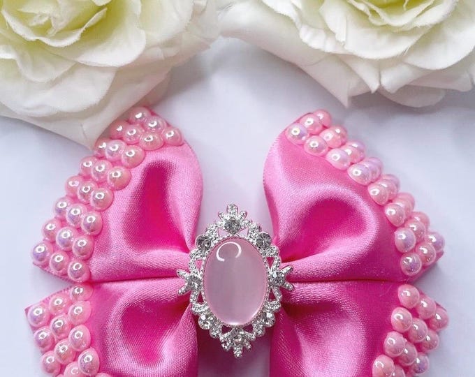 Pink Pearl Party Bow: Girls Hair Clip or Headband