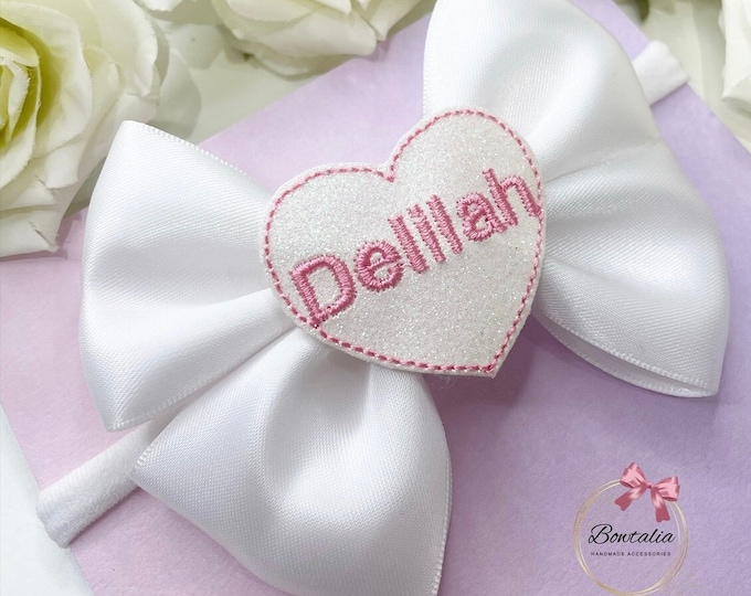 Personalized Baby Headband: Glitter Heart Bow, Newborn Accessory