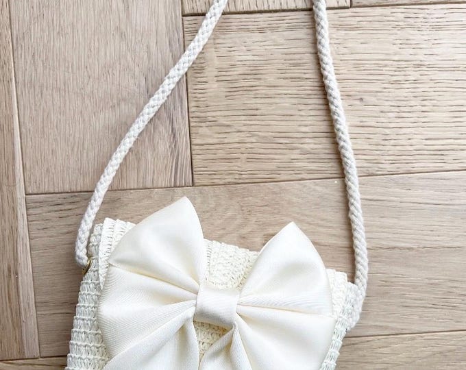 Girls Cream Straw Bag with Bow Detail
