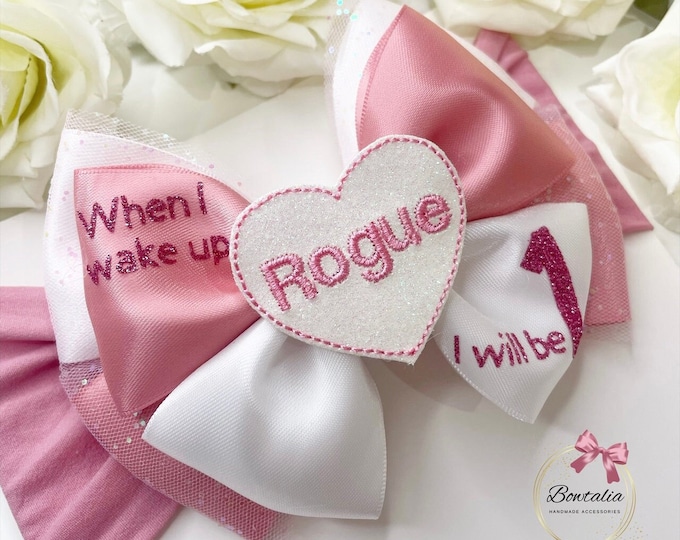 Personalized First Birthday Bow: Pink & White Baby Headband