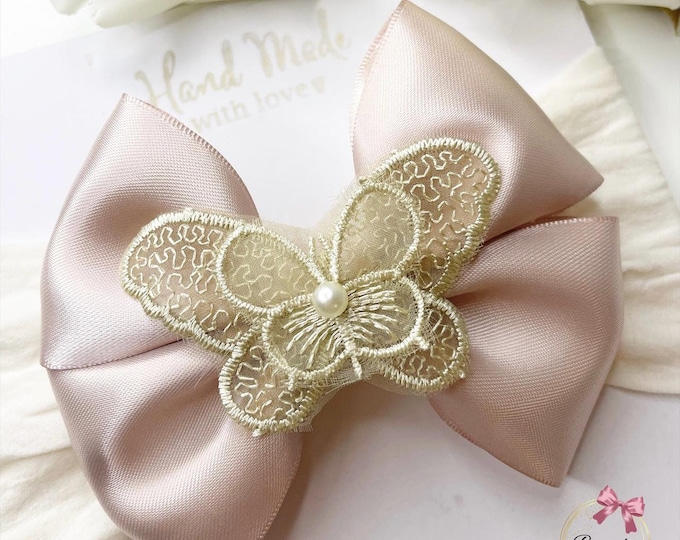 Champagne Butterfly Bow: Baby Headband or Clip