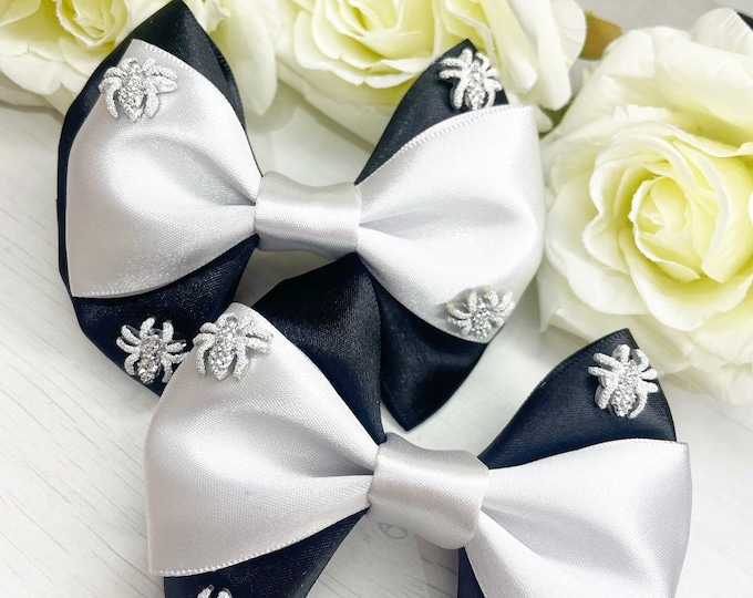 Halloween Pigtail Hair Bows: Black & Silver Spider Clips (Set of 2)