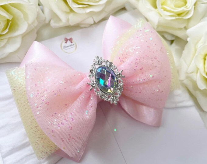 Sparkly Baby Bow Headband: Pink Tulle, Hologram Center