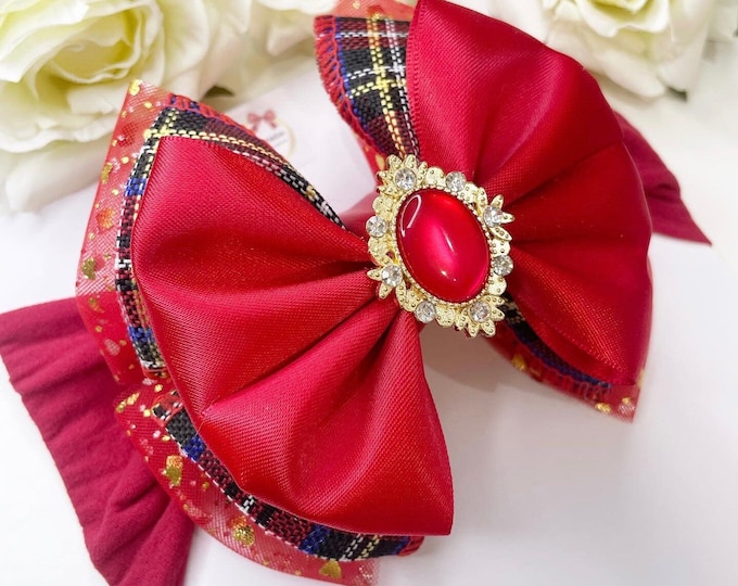 Christmas Baby Headband: Red Tartan Bow with Gold Heart Tulle