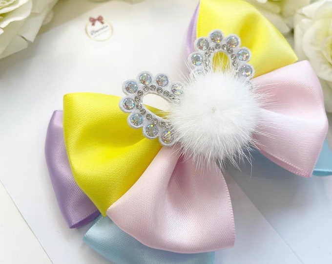 Easter Hair Bow: Rainbow Bunny Pom Pom, Clip or Headband