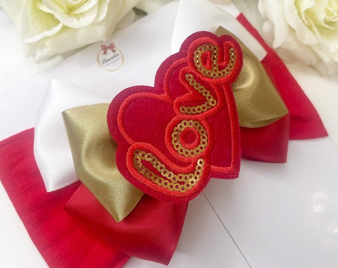 Red & Gold Valentines Bow: Baby Girl Clip or Headband