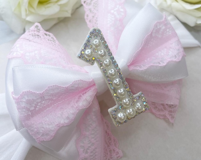 Baby Girl First Birthday Bow: Pink Lace, Pearl Number 1 Headband