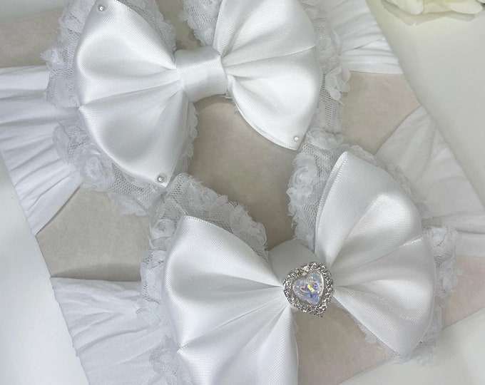 White Christening Bow Headband: Handmade Baby Girl Bow