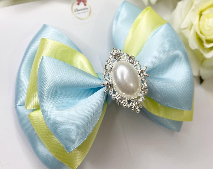 Light Blue Lemon Hair Bow: Pearl Princess Clip or Headband