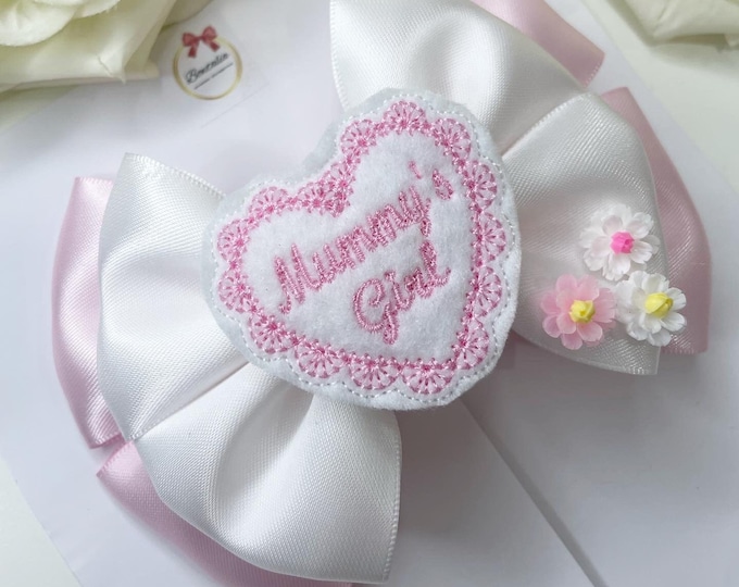 Mummy's Girl Embroidered Bow: Pink & White Mother's Day Hair Clip or Headband