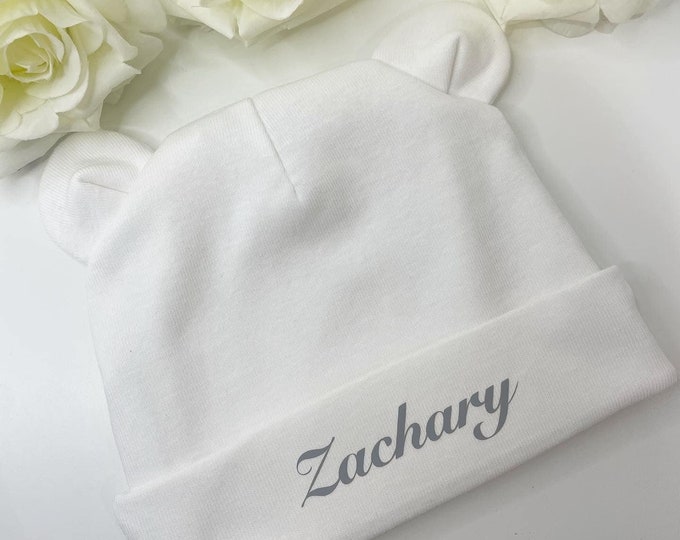 Personalized White Teddy Bear Baby Hat | Newborn Gift