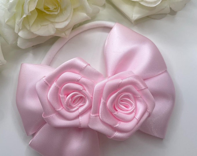 Baby Girl Pink Rose Bow Headband: Newborn Hair Accessory