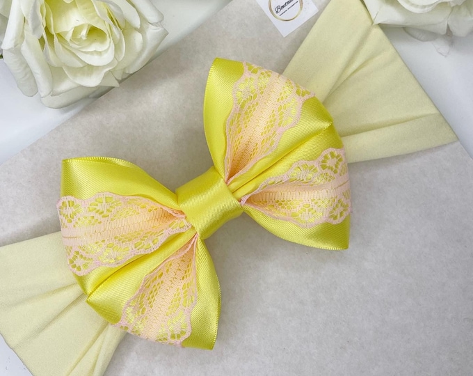 Yellow Lace Baby Bow Headband: Thick Nylon Band