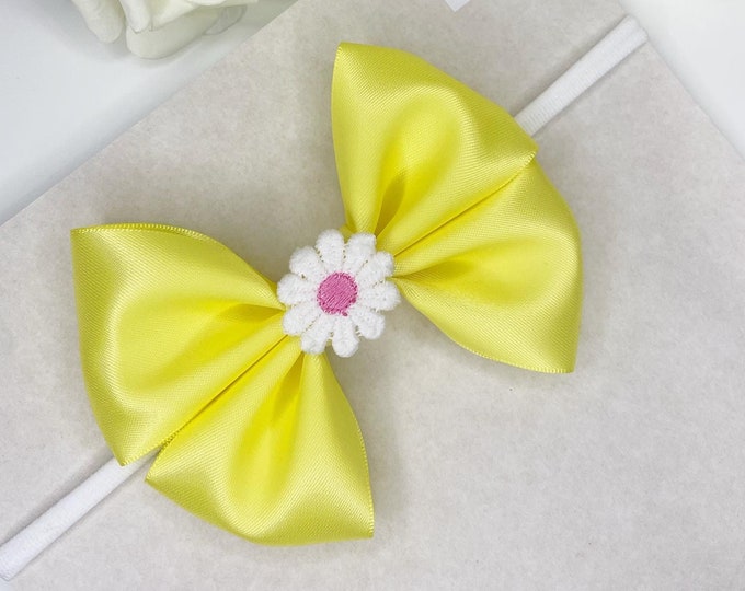 Yellow Bow Baby Headband: White Flower Center, Newborn Hair Accessory